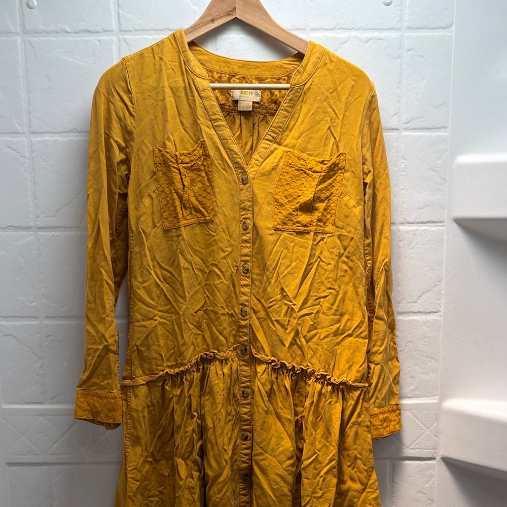 Maeve Button-Front Mustard Dress with Chest Pockets